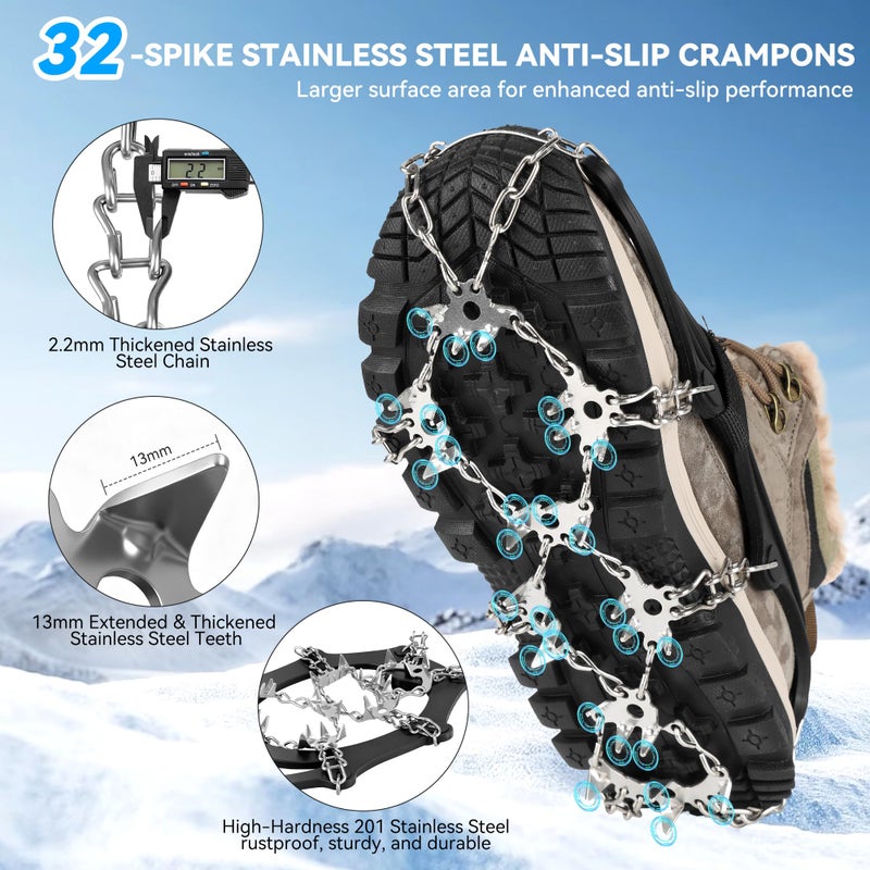 TOSELBAI Ice Cleats for Shoes and Boots 32-Spike Stainless Steel Anti-Slip Crampons,Microspikes for Hiking (Medium) - Image 2