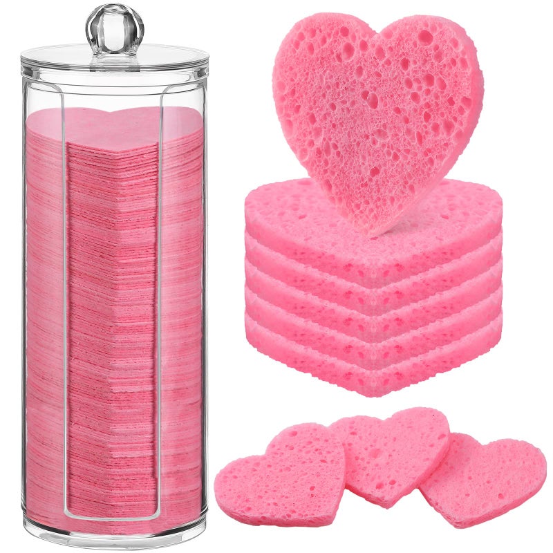 Sieral 120 Pcs Compressed Facial Sponges with Container Disposable Face Sponge Pads for Washing Face Cleansing Exfoliating Esthetician Makeup Removal(Heart,Pink) - Image 1