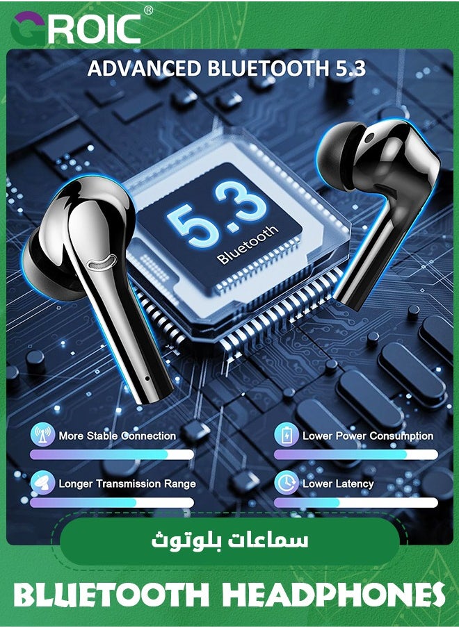 GROIC Wireless Earbuds, Bluetooth 5.3 Headphones Deep Bass Stereo and Noise Cancelling Headphones 36H Playtime LED Power Display Earphones, Ear Buds IP7 Waterproof Wireless Headset with 4 Mic for Sport, TV  - Image 3