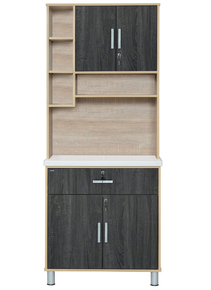 AFT - Modern Storage Cabinet Freestanding Kitchen Pantry Cabinet Microwave Storage Stand with Total of 4-Doors and Drawer Large Storage Space for Kitchen, Dining Room, Living Room. Versatile 2-Door Kitchen Cabinet with Sturdy Tile Top and drawer Stylish Storage Solution. Soft-Closer Doors (Ebony Wood/Sonom oak) Arfan Lake Series - Image 1
