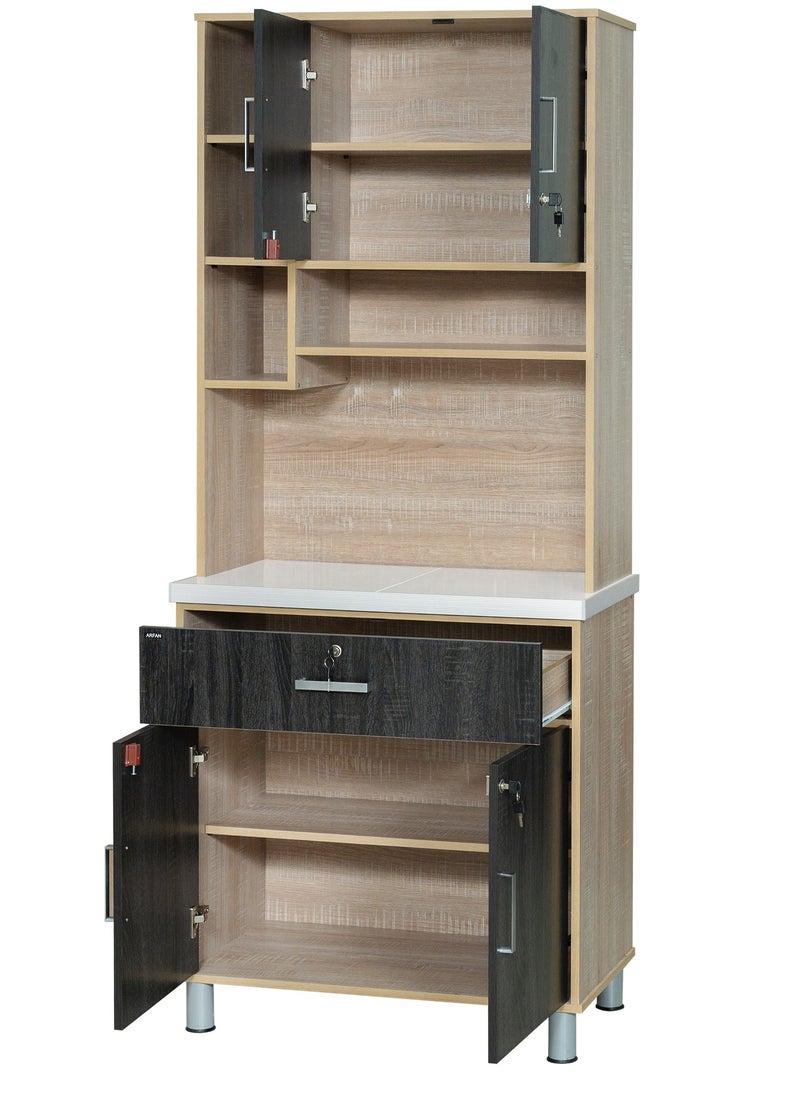 AFT - Modern Storage Cabinet Freestanding Kitchen Pantry Cabinet Microwave Storage Stand with Total of 4-Doors and Drawer Large Storage Space for Kitchen, Dining Room, Living Room. Versatile 2-Door Kitchen Cabinet with Sturdy Tile Top and drawer Stylish Storage Solution. Soft-Closer Doors (Ebony Wood/Sonom oak) Arfan Lake Series - Image 1