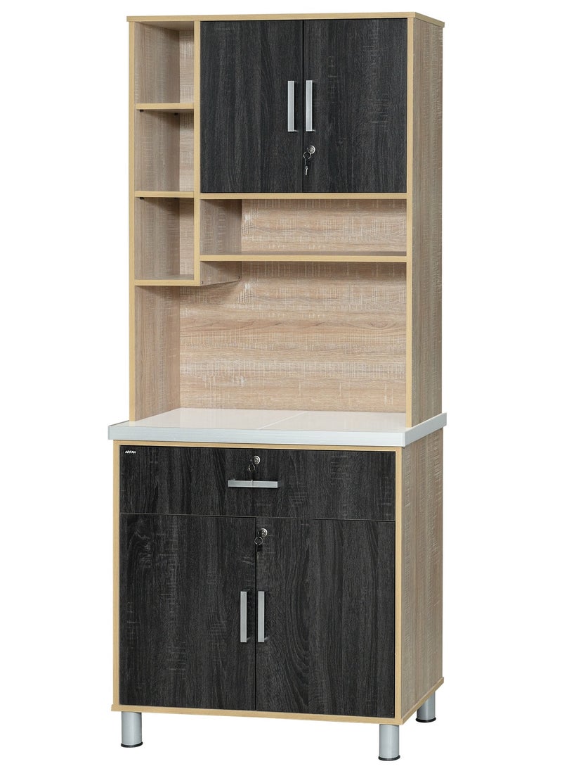 AFT - Modern Storage Cabinet Freestanding Kitchen Pantry Cabinet Microwave Storage Stand with Total of 4-Doors and Drawer Large Storage Space for Kitchen, Dining Room, Living Room. Versatile 2-Door Kitchen Cabinet with Sturdy Tile Top and drawer Stylish Storage Solution. Soft-Closer Doors (Ebony Wood/Sonom oak) Arfan Lake Series - Image 1