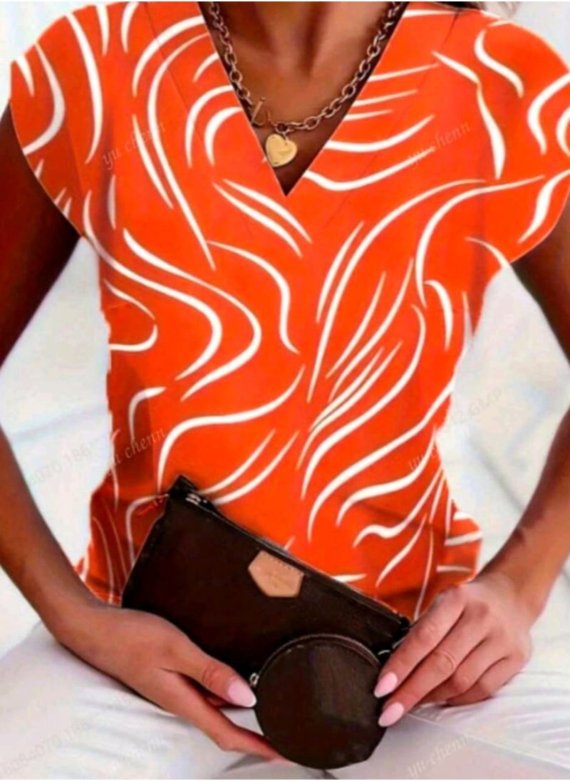 Shein - Women's Casual SHEIN Minimalist Line Print V-Neck Shirt, Spring/Summer - Image 1
