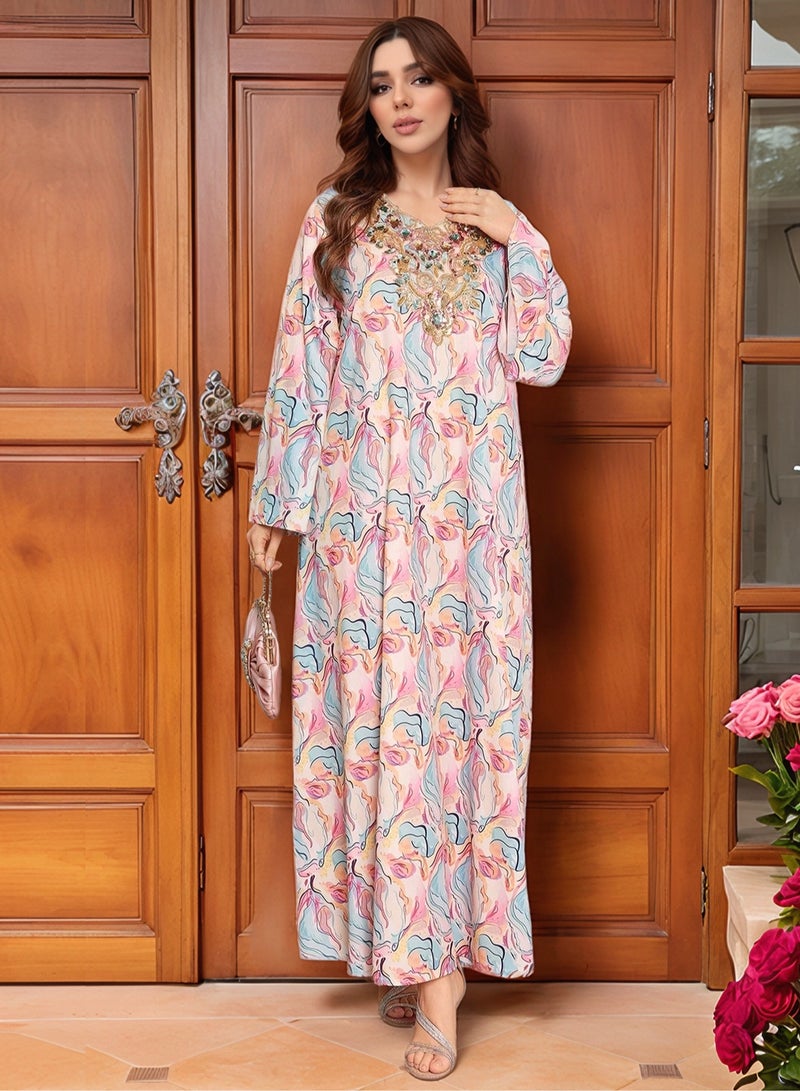 Trendy Muslim Women’s Jalabiya Dress – Colorful Printed Maxi Abaya with V-Neck, Sequin Embroidery & Flared Sleeves for Weddings, Parties & Daily Wear  - Image 3