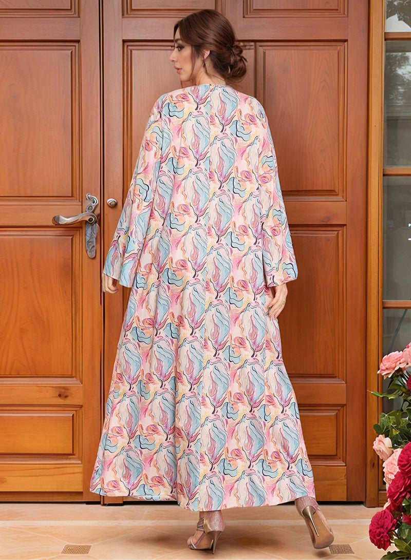 Trendy Muslim Women’s Jalabiya Dress – Colorful Printed Maxi Abaya with V-Neck, Sequin Embroidery & Flared Sleeves for Weddings, Parties & Daily Wear  - Image 5