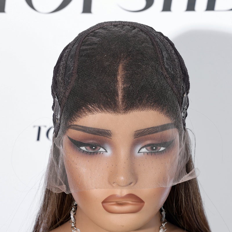 إيمور باروكة شعر مستعار سويسرية بتصميم شبكي، مصنوعة يدويًا بالكامل من شعر بشري حقيقي، لون بني داكن، متوسط الطول، نسيج طبيعي وناعم - Image 2