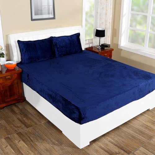 RD TREND 250 GSM Flannel Warm Elastic Fitted Bedsheets for Winter, King Size (78x72x8 Inch), 2 Pillow Covers (18x28 Inch) (Navy Blue, King) - Image 1