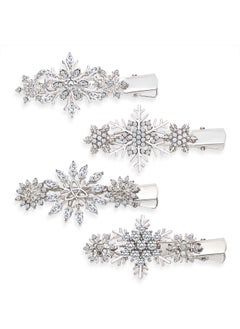 4PCS Christmas Snowflake Hair Clips for Women Holiday Rhinestone Crystal Snowflake Hairpins Xmas Festive Costume Hair Accessory Gifts Silver