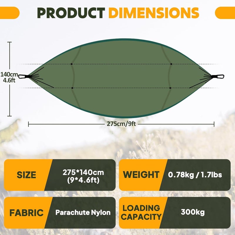 NATUREFUN Ultralight Mosquito Net Camping Hammock, 300 kg Load Capacity, (275 x 140 cm), Breathable, Quick-Drying Parachute Nylon, Includes 2 x Premium Carabiner Hooks, 4 x Nylon Loops - Image 3