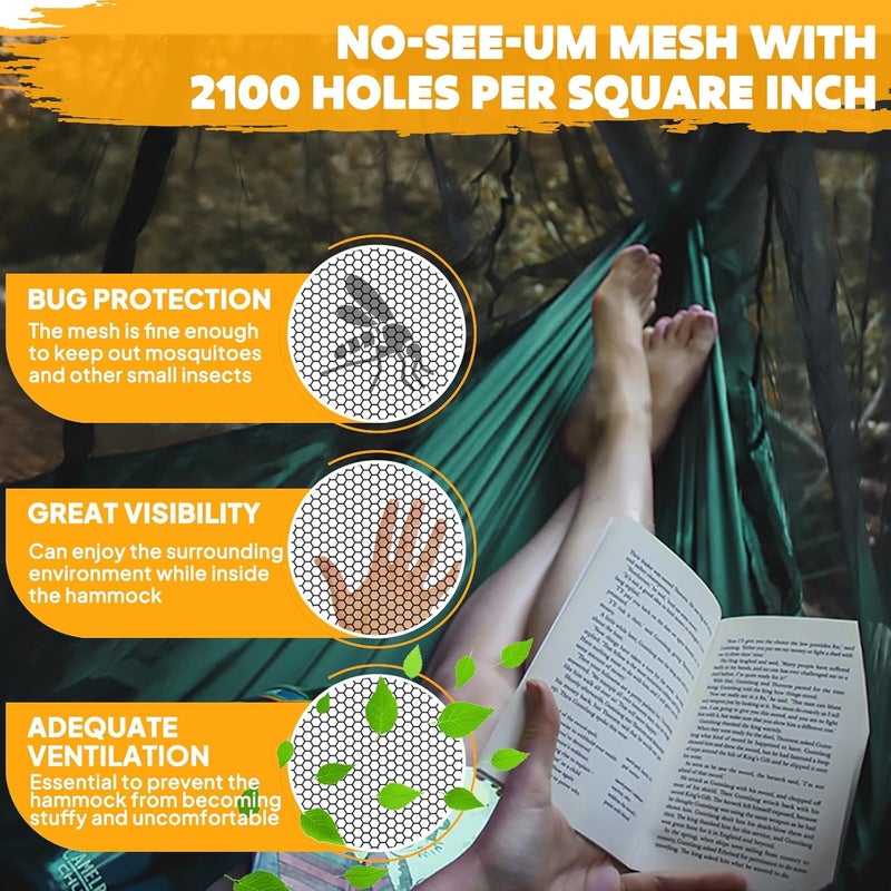 NATUREFUN Ultralight Mosquito Net Camping Hammock, 300 kg Load Capacity, (275 x 140 cm), Breathable, Quick-Drying Parachute Nylon, Includes 2 x Premium Carabiner Hooks, 4 x Nylon Loops - Image 5