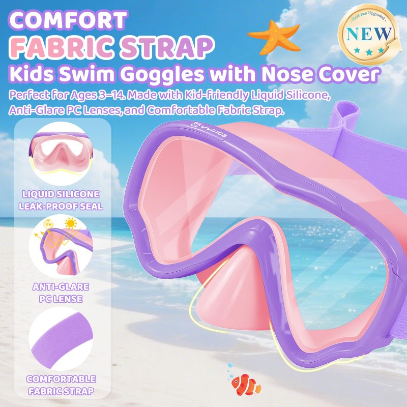 Vvinca Kids Swim Goggles with Nose Cover, Snorkel Diving Mask Fabric Strap Anti Fog Anti Shattered Lens Goggles for Kids 3-15 - Image 2