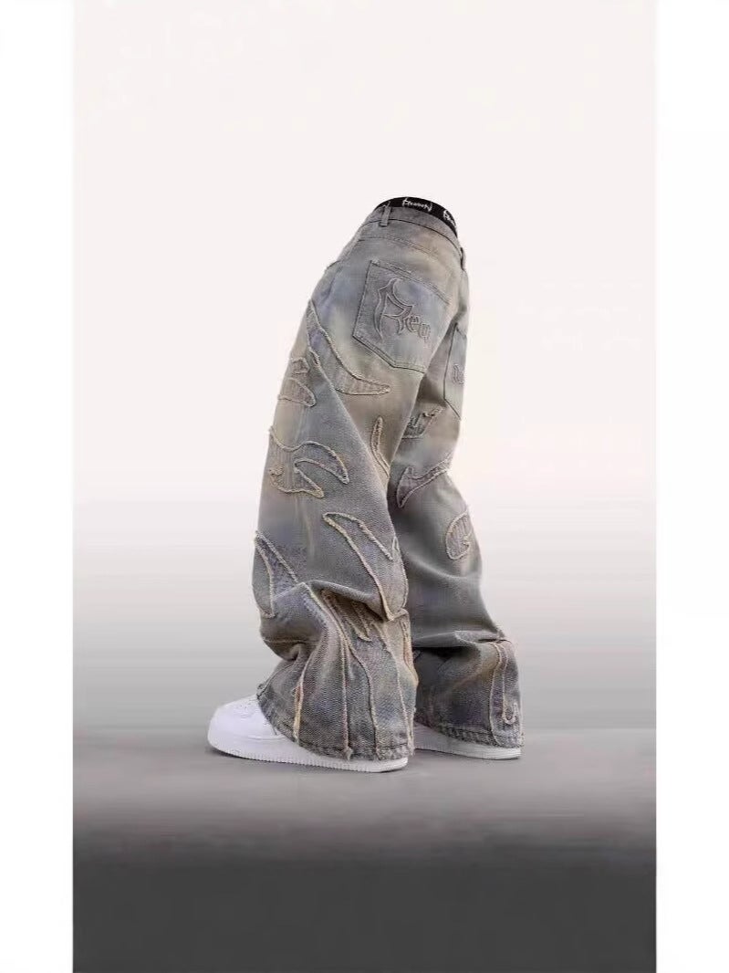American Style Retro Bat Pattern Embroidered Loose Jeans Men'S Street Fashion Pants Slaze Jeans - Image 2
