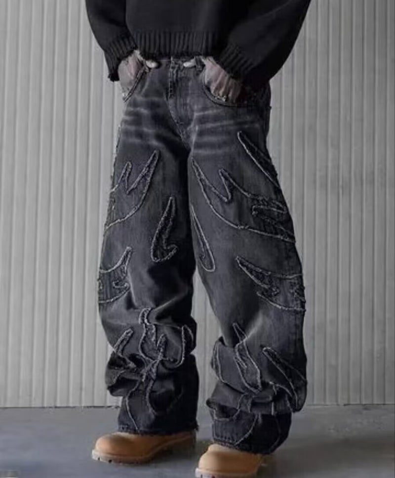American Style Retro Bat Pattern Embroidered Loose Jeans Men'S Street Fashion Pants Slaze Jeans - Image 1