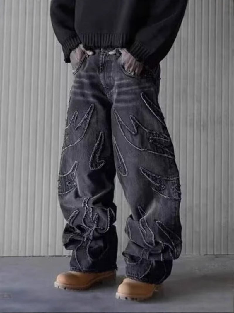 American Style Retro Bat Pattern Embroidered Loose Jeans Men'S Street Fashion Pants Slaze Jeans - Image 5