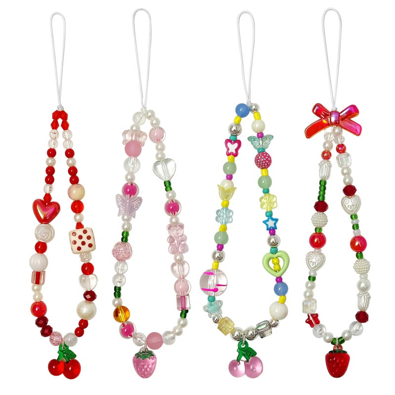 cioatu 4 Pieces Cute Phone Charms Beaded Phone Strap Aesthetic Y2K CellPhone Keychain Cute Bear Butterfly Heart Cool PhoneCharm for Bag Keychain Airpods Camera Pendants Decor (Cute Strawberry Cherry Sets) - Image 1