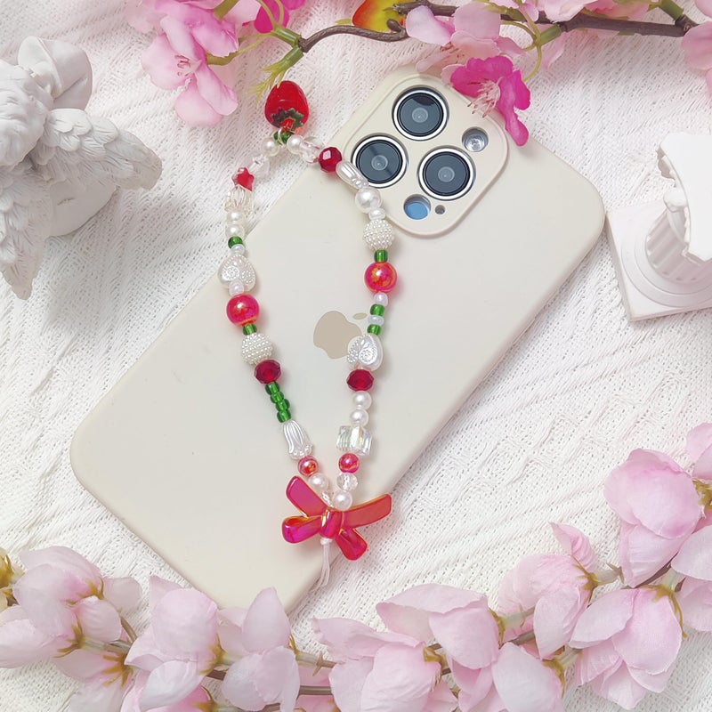 cioatu 4 Pieces Cute Phone Charms Beaded Phone Strap Aesthetic Y2K CellPhone Keychain Cute Bear Butterfly Heart Cool PhoneCharm for Bag Keychain Airpods Camera Pendants Decor (Cute Strawberry Cherry Sets) - Image 5