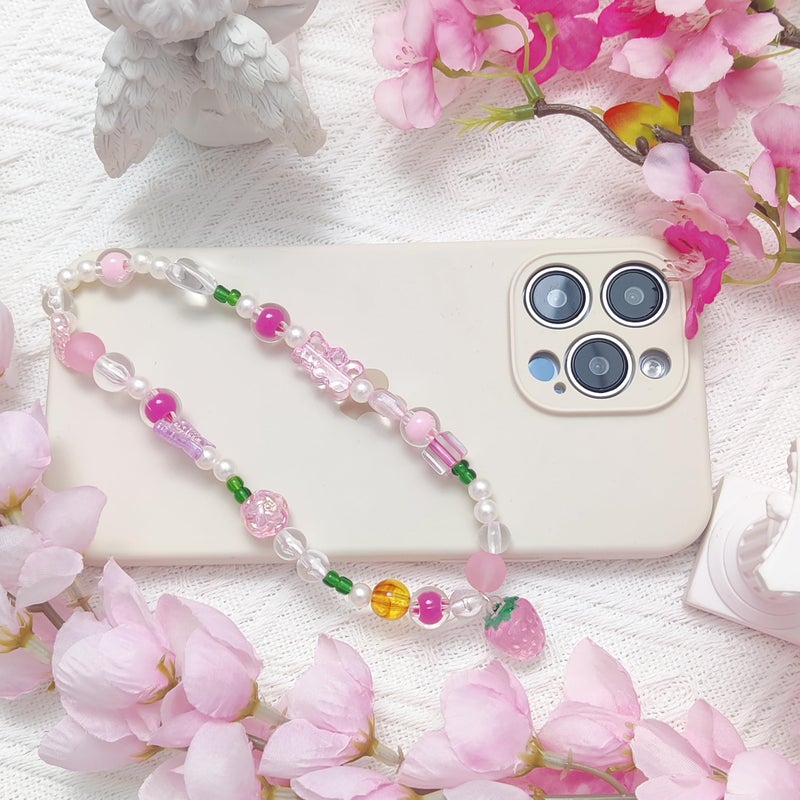 cioatu 4 Pieces Cute Phone Charms Beaded Phone Strap Aesthetic Y2K CellPhone Keychain Cute Bear Butterfly Heart Cool PhoneCharm for Bag Keychain Airpods Camera Pendants Decor (Cute Strawberry Cherry Sets) - Image 4