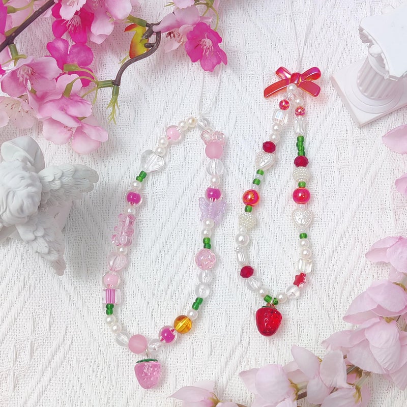 cioatu 4 Pieces Cute Phone Charms Beaded Phone Strap Aesthetic Y2K CellPhone Keychain Cute Bear Butterfly Heart Cool PhoneCharm for Bag Keychain Airpods Camera Pendants Decor (Cute Strawberry Cherry Sets) - Image 3