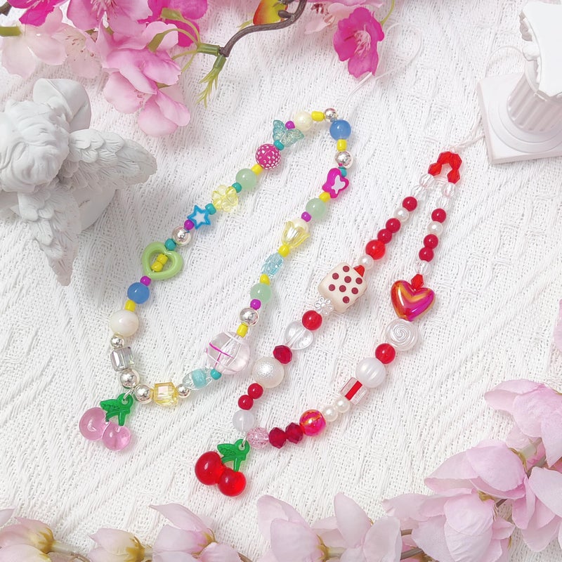 cioatu 4 Pieces Cute Phone Charms Beaded Phone Strap Aesthetic Y2K CellPhone Keychain Cute Bear Butterfly Heart Cool PhoneCharm for Bag Keychain Airpods Camera Pendants Decor (Cute Strawberry Cherry Sets) - Image 2