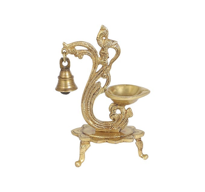 ETHNIC CARVED PEACOCK DESIGN BRASS DIYA WITH BELL BRASS ANTIQUE OIL LAMP BRASS DIYAS FOR HOME SIZE 8 INCHES ANTIQUE WHITE PACK OF 1