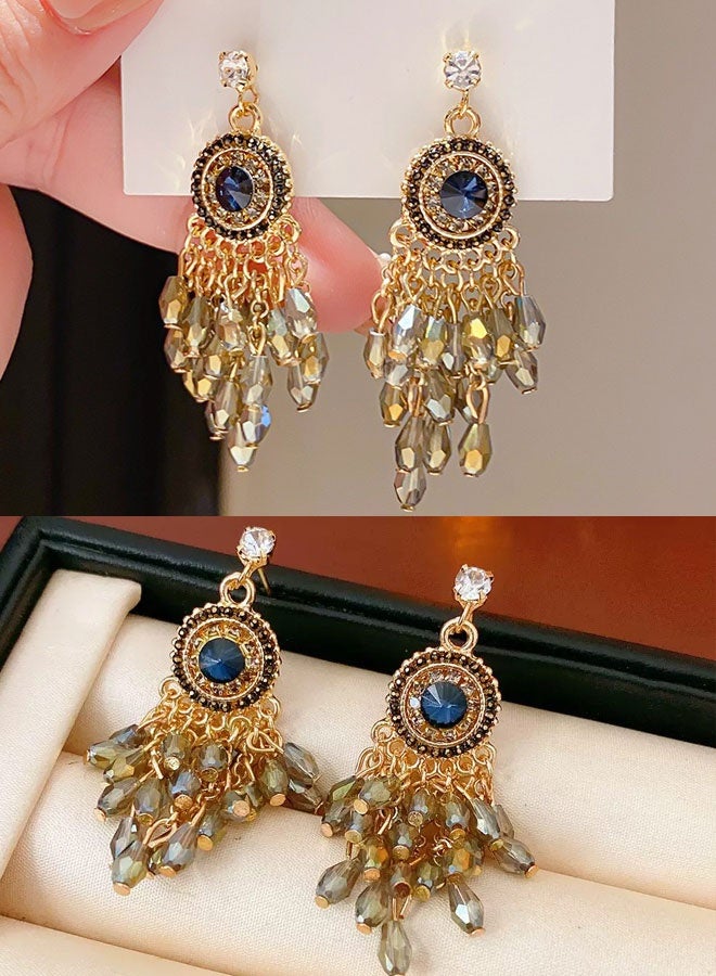 حلق معلق من دبلوم الكريستال والجرم الأزرق مطلي بالذهب للنساء، حلق معلق دبلوم الكريستال العتيق، مجوهرات فخامة للحفلات والزواج والارتداء الرسمي - Image 1