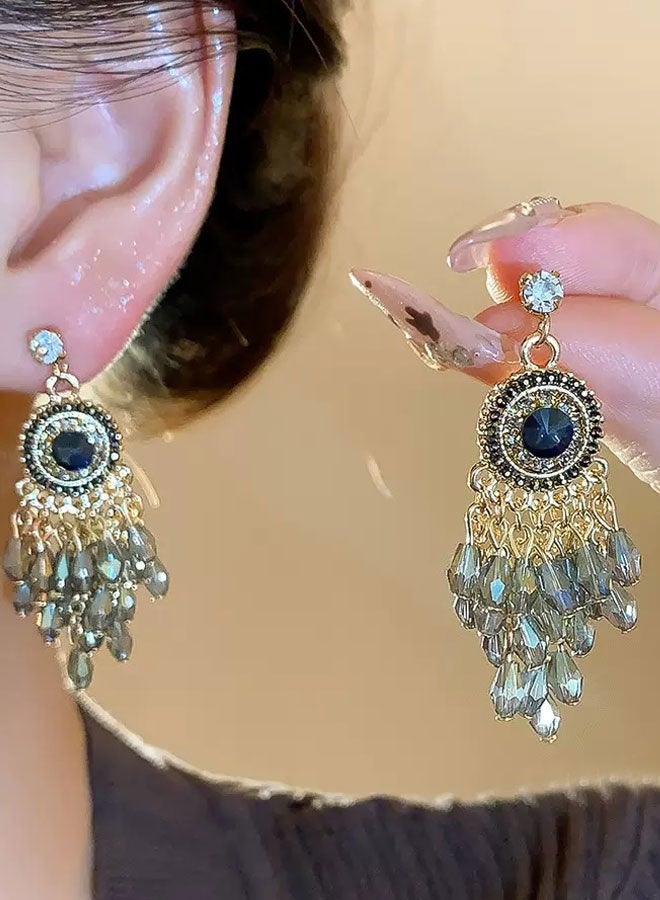 حلق معلق من دبلوم الكريستال والجرم الأزرق مطلي بالذهب للنساء، حلق معلق دبلوم الكريستال العتيق، مجوهرات فخامة للحفلات والزواج والارتداء الرسمي - Image 4