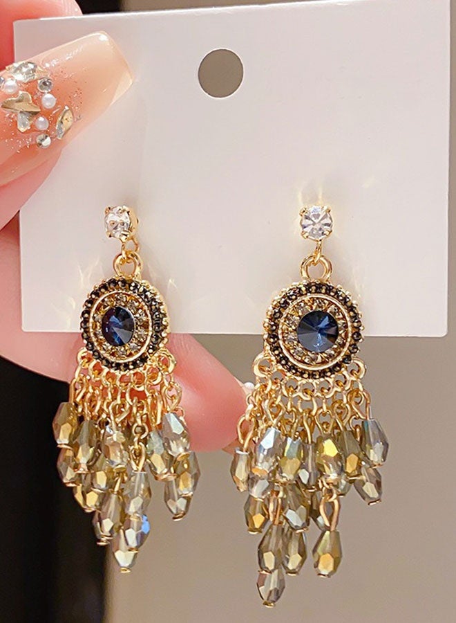 حلق معلق من دبلوم الكريستال والجرم الأزرق مطلي بالذهب للنساء، حلق معلق دبلوم الكريستال العتيق، مجوهرات فخامة للحفلات والزواج والارتداء الرسمي - Image 2