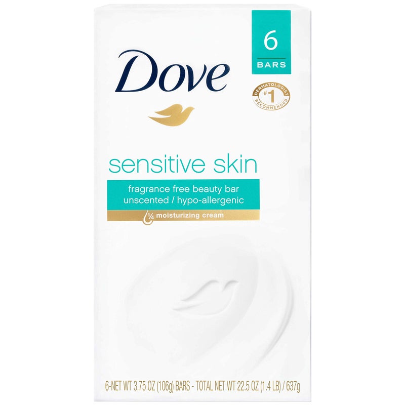 Dove Moisturizing for Softer Skin, Fragrance-Free, Hypoallergenic Beauty Bar Sensitive Skin Effectively Washes Away Bacteria While Nourishing Your Skin 3.75 oz, 6 Bars - Image 1