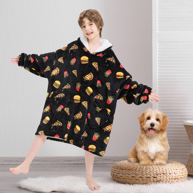 Fiosnow Pizza and Chips Blanket Hoodies for Kids 6-13YR Oversize Wearable Blanket Hoodies for Boys Girls Teens - Image 2
