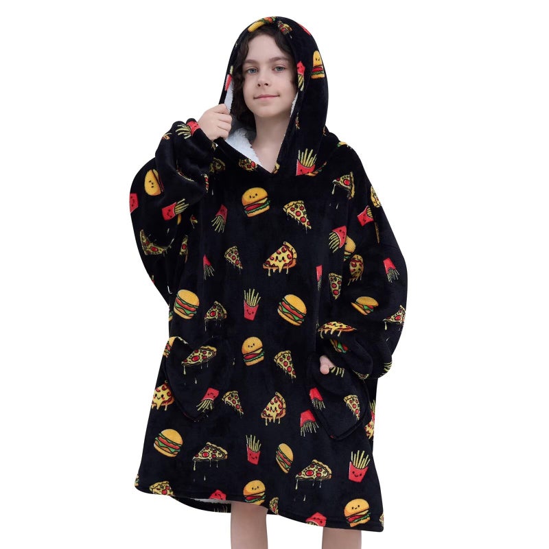 Fiosnow Pizza and Chips Blanket Hoodies for Kids 6-13YR Oversize Wearable Blanket Hoodies for Boys Girls Teens - Image 1