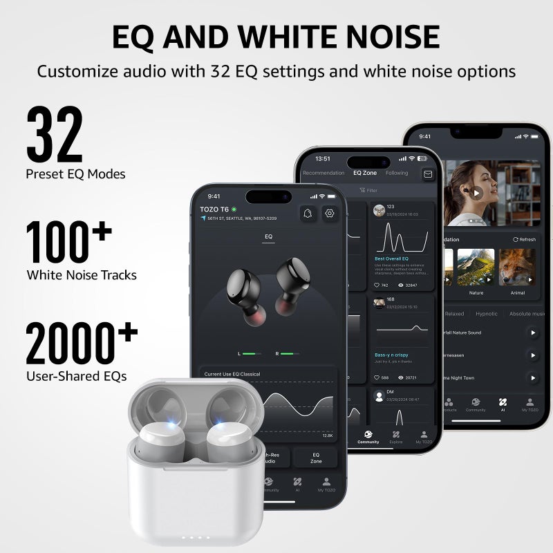 TOZO T6 Wireless Earbuds, IPX8 Waterproof Ear Buds, Stereo Bass Sound Bluetooth 5.3 Headphones in Ear, 50 Hours Playtime Earphones, Wireless Charging Case, Custom 32 EQ via APP - Image 3
