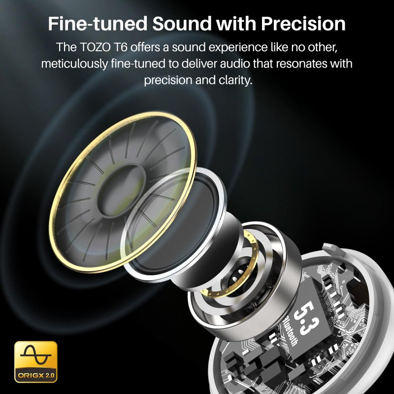 TOZO T6 Wireless Earbuds, IPX8 Waterproof Ear Buds, Stereo Bass Sound Bluetooth 5.3 Headphones in Ear, 50 Hours Playtime Earphones, Wireless Charging Case, Custom 32 EQ via APP - Image 2