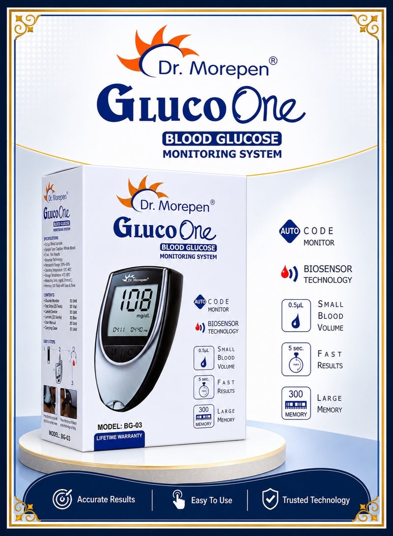 دكتور.موربين نظام Dr. Morepen BG-03 Gluco One لمراقبة مستوى الجلوكوز في الدم (بدون شرائط) - Image 1