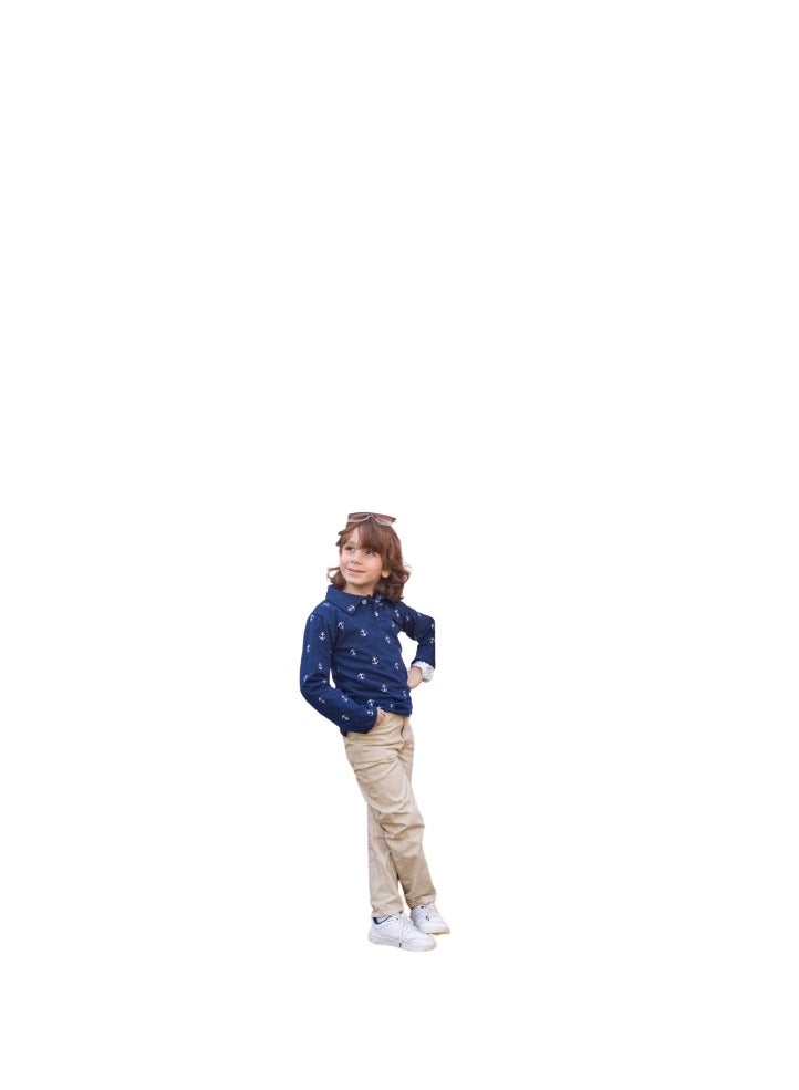 Boys' set, navy blue T-shirt and beige pants  - Image 1