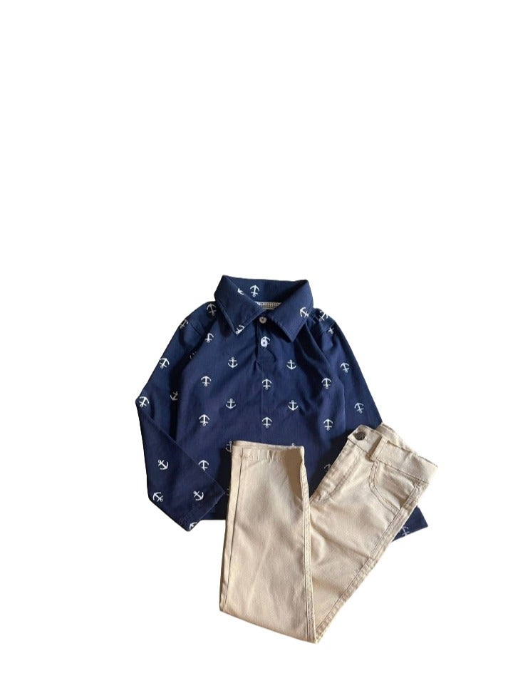 Boys' set, navy blue T-shirt and beige pants  - Image 2