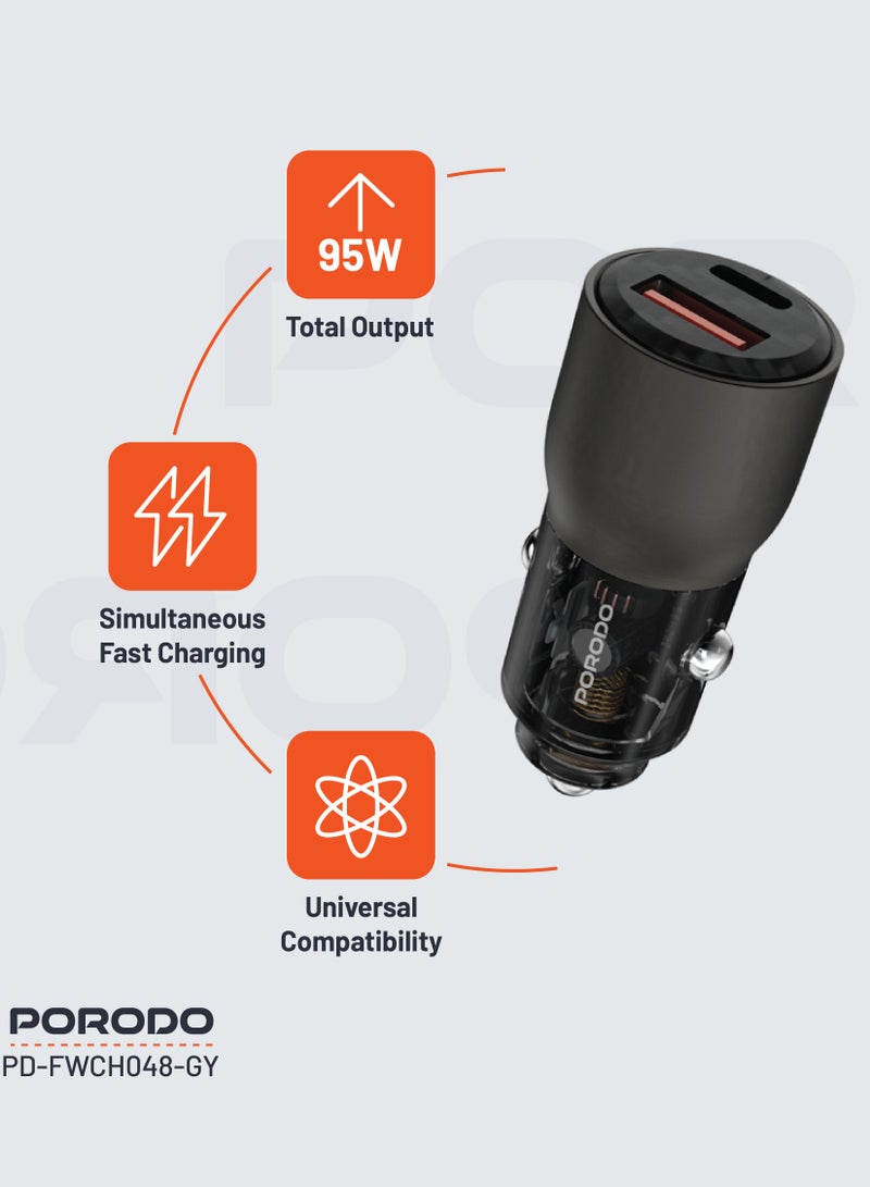 porodo 95W Car Charger Transparent  Multi-Device PD Charging / Simultaneous Fast Charging / Universal Compatibility/QC 30W / Fast and Efficient Multi-Device Charging for Road Trips and Travel - Grey - Image 2