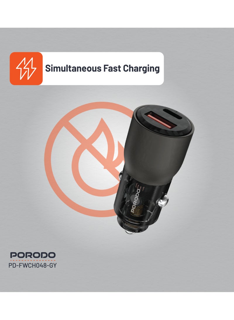 porodo 95W Car Charger Transparent  Multi-Device PD Charging / Simultaneous Fast Charging / Universal Compatibility/QC 30W / Fast and Efficient Multi-Device Charging for Road Trips and Travel - Grey - Image 3