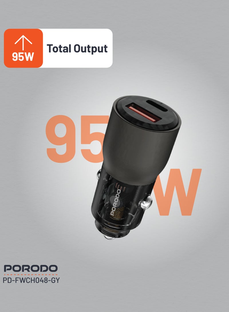 porodo 95W Car Charger Transparent  Multi-Device PD Charging / Simultaneous Fast Charging / Universal Compatibility/QC 30W / Fast and Efficient Multi-Device Charging for Road Trips and Travel - Grey - Image 5