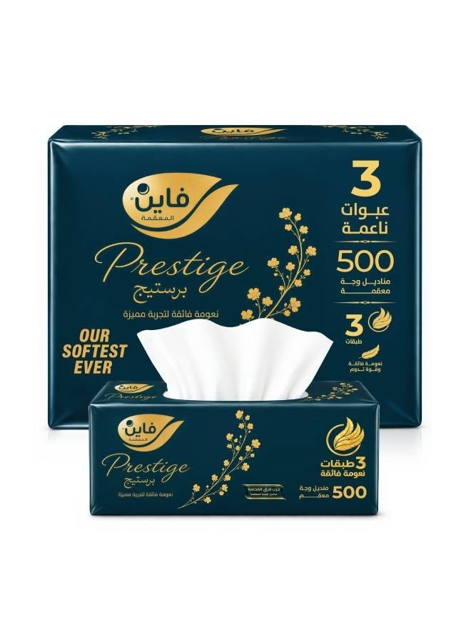 Fine Prestige Facial Tissues 500 Sheets, 3 Ply, Pack of 3 - Image 1