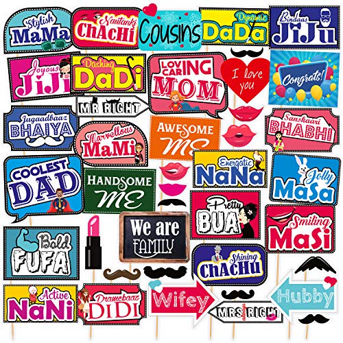 SYGA All Occasion Indian Family Photo Booth Party Props Craft Item for Wedding, Baby Shower, Birthday Multi Color (Set of 41, Large) - Image 1