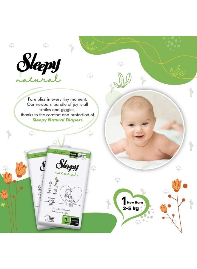 Sleepy حجم طبيعي 1، حديثي الولادة، 80 قطعة، 2 × 40 امتصاص لحماية البشرة القصوى حفاضات أطفال جافة مستدامة من نباتات 2-5 كجم، 100% حماية من التسرب - Image 5