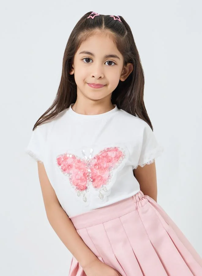 Styli Girls Off-White Butterfly Applique T-Shirt