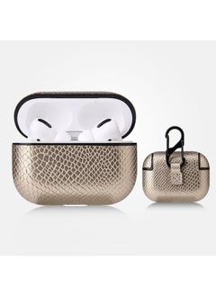 Generic Case Cover For AirPods Pro Anti-fall Snakeskin Texture PU Leather Protective Case with Carabiner Gold 