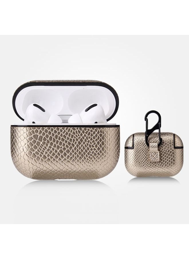 Generic - Case Cover For AirPods Pro Anti-fall Snakeskin Texture PU Leather Protective Case with Carabiner Gold - Image 1