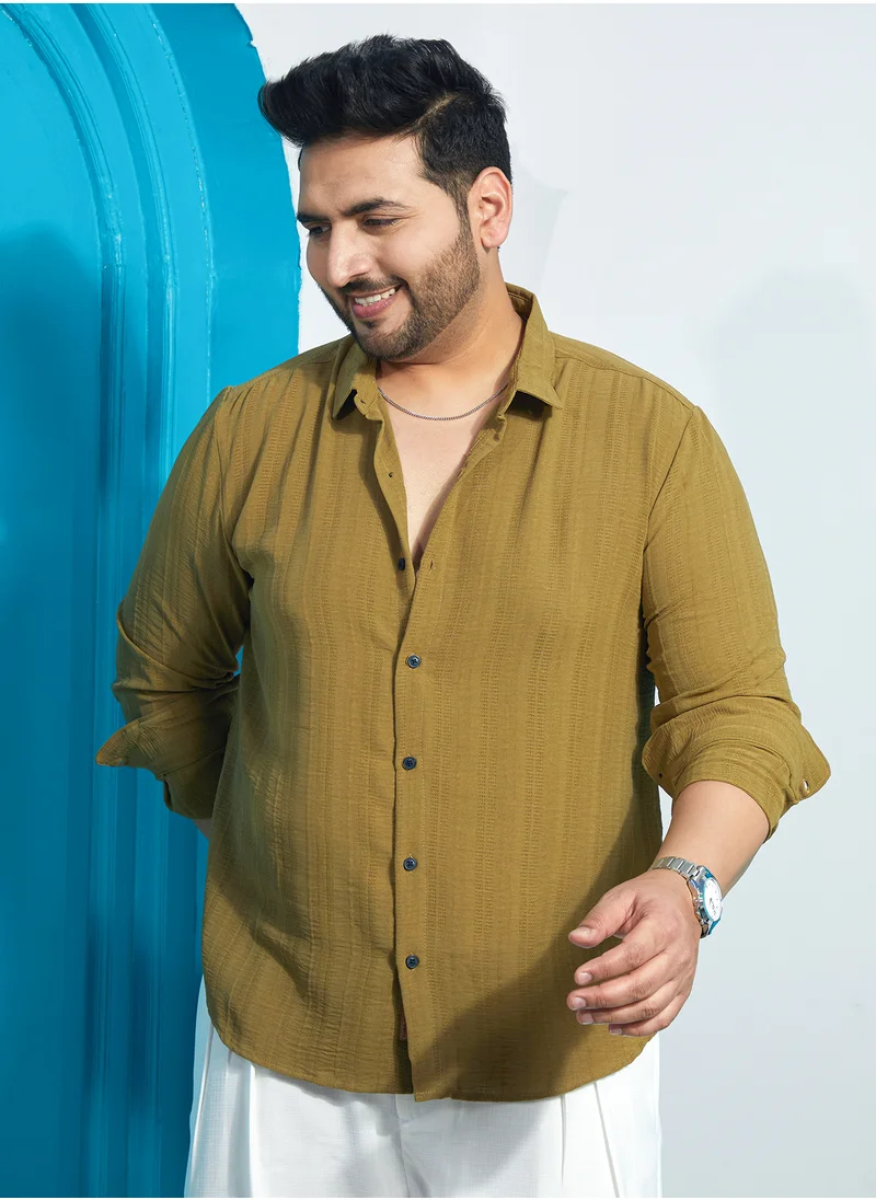 انستافاب بلس Instafab Plus Men's Olive Green Trough-Tactile Shirt For Casual Wear | Spread Collar | Long Regular Sleeves | Button Closure | Plus Size Shirt Crafted With Comfort Fit For Everyday Wear
