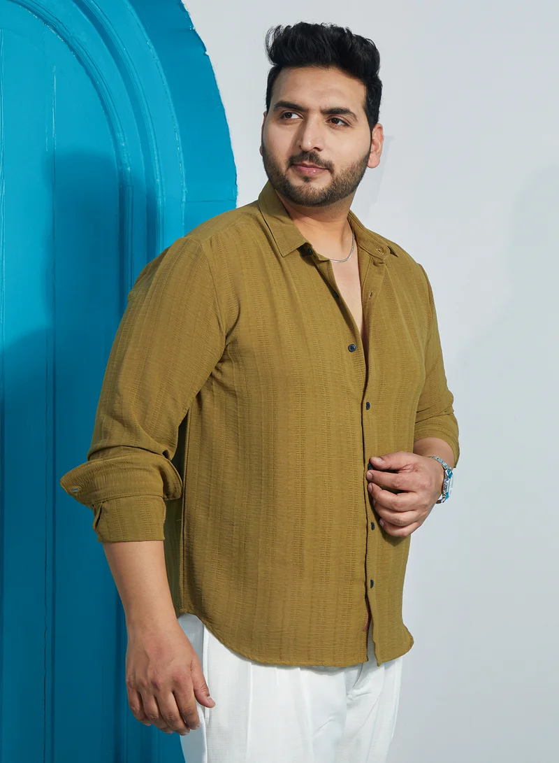 Instafab Plus Instafab Plus Men's Olive Green Trough-Tactile Shirt For Casual Wear | Spread Collar | Long Regular Sleeves | Button Closure | Plus Size Shirt Crafted With Comfort Fit For Everyday Wear