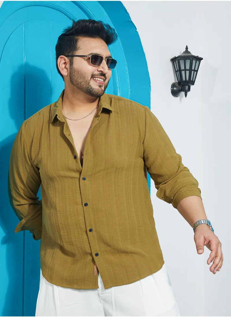 انستافاب بلس Instafab Plus Men's Olive Green Trough-Tactile Shirt For Casual Wear | Spread Collar | Long Regular Sleeves | Button Closure | Plus Size Shirt Crafted With Comfort Fit For Everyday Wear