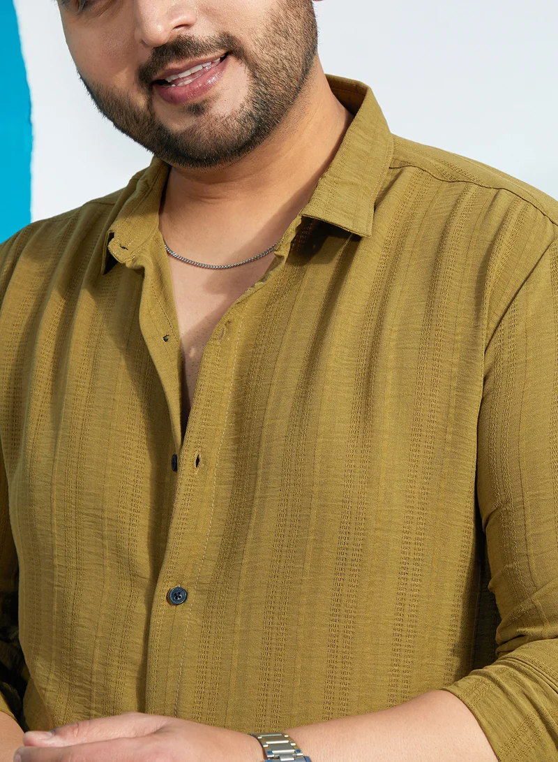 Instafab Plus Instafab Plus Men's Olive Green Trough-Tactile Shirt For Casual Wear | Spread Collar | Long Regular Sleeves | Button Closure | Plus Size Shirt Crafted With Comfort Fit For Everyday Wear