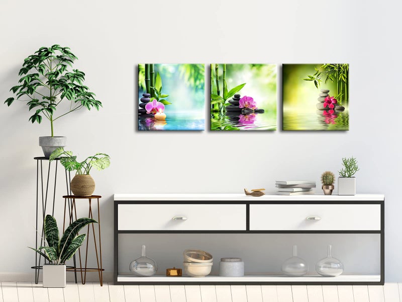 Pyradecor 3 Piece Modern Stretched and Framed Contemporary Zen Spa Stone Giclee Canvas Prints Green Bamboo Pictures paintings on Canvas Wall Art for Living Room Bedroom Home Decorations - Image 5