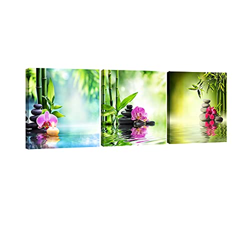 Pyradecor 3 Piece Modern Stretched and Framed Contemporary Zen Spa Stone Giclee Canvas Prints Green Bamboo Pictures paintings on Canvas Wall Art for Living Room Bedroom Home Decorations - Image 1